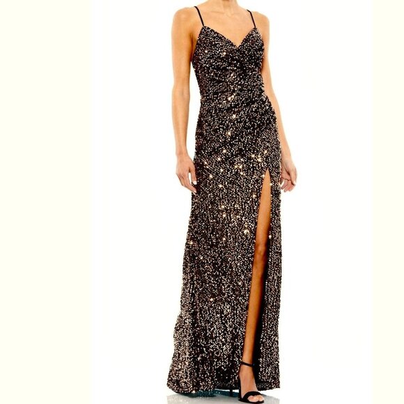 Ieena for Mac Duggal Bronze Sequin Ruched High Slit Gown Size 2 NWT Style# 55700 - Picture 1 of 14
